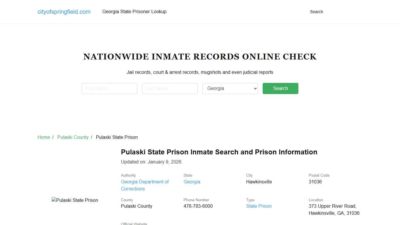 Pulaski State Prison Inmate Search, Visitation, Phone no. & Mailing Information